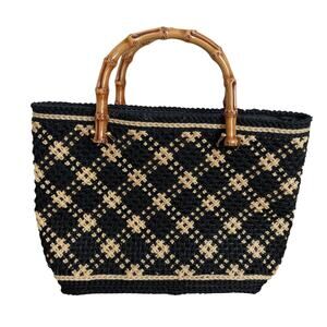Black and Gold Woven Bag Bamboo Handles Handbag